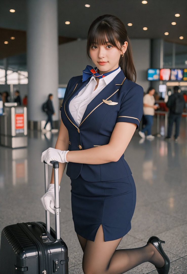 A photorealistic AI-generated image of a young East Asian woman in a flight attendant uniform, kneeling next to a suitcase in an airport terminal.