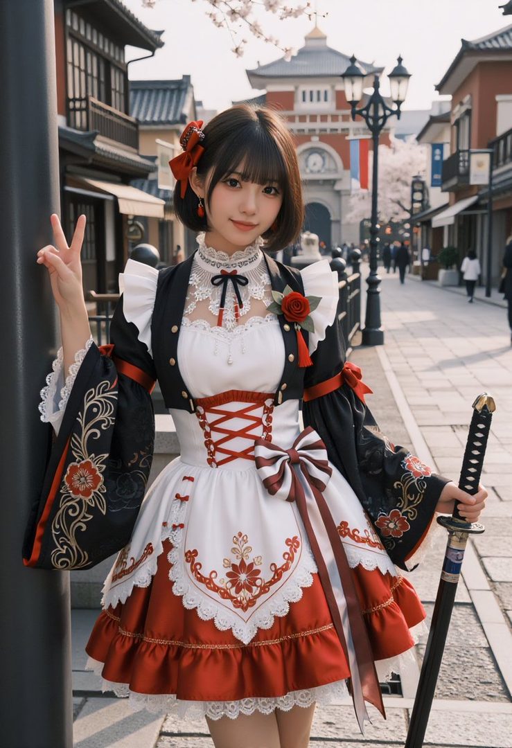 A young woman in a red and white lolita-style dress with a katana poses on a Japanese street.