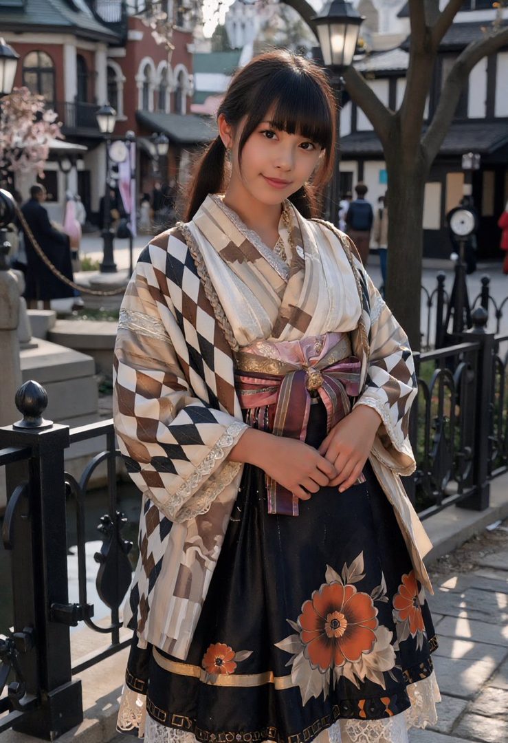 A young woman with brown hair tied in ponytails and bangs, wearing a patterned kimono-style outfit with a floral skirt, stands outdoors in a charming street setting.