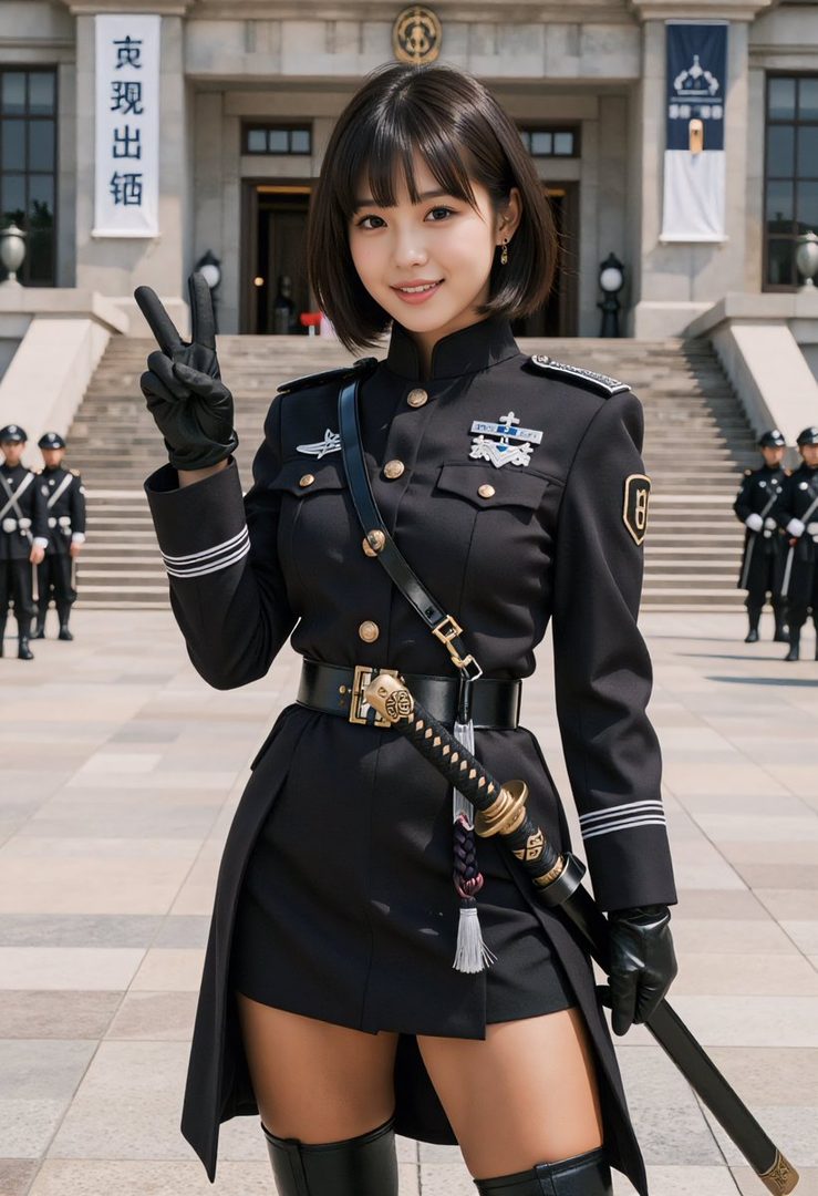 A young woman in a black military-style uniform with a katana poses with a peace sign in front of a grand building.