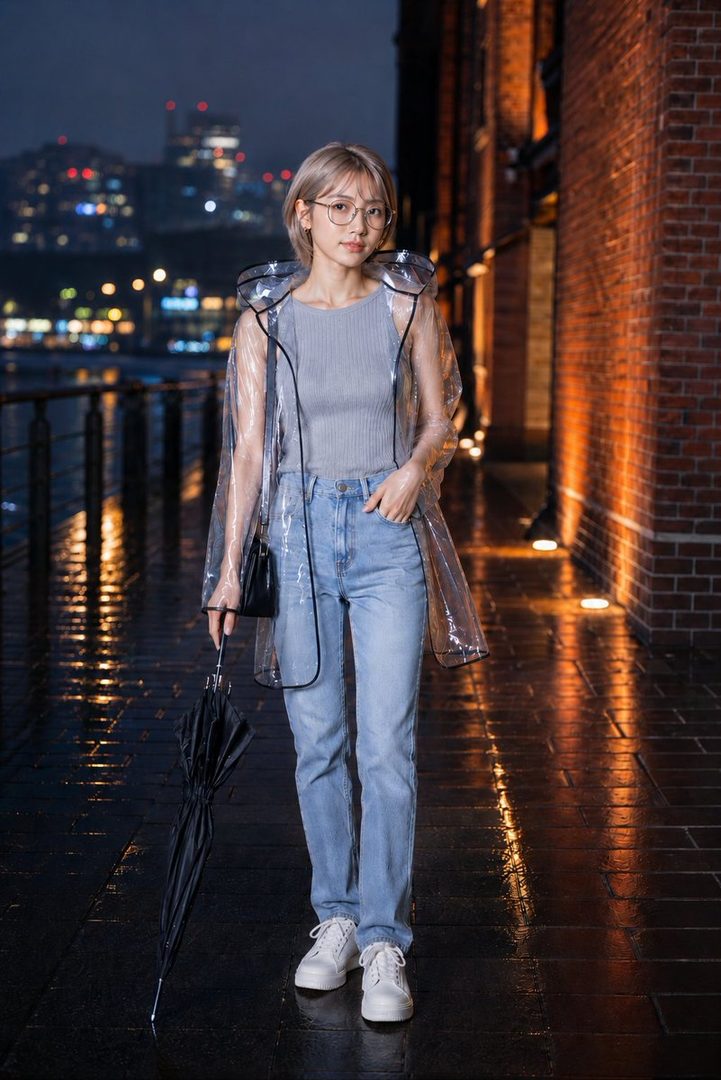 A young woman with short blonde hair and glasses wears a clear PVC raincoat, a grey top, and light blue jeans, holding an umbrella on a wet street at night with city lights in the background.