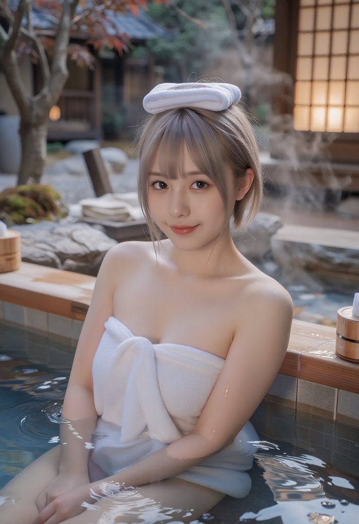 A beautiful woman with blonde hair and bangs is relaxing in an outdoor onsen, wrapped in a white towel, with steam rising around her.