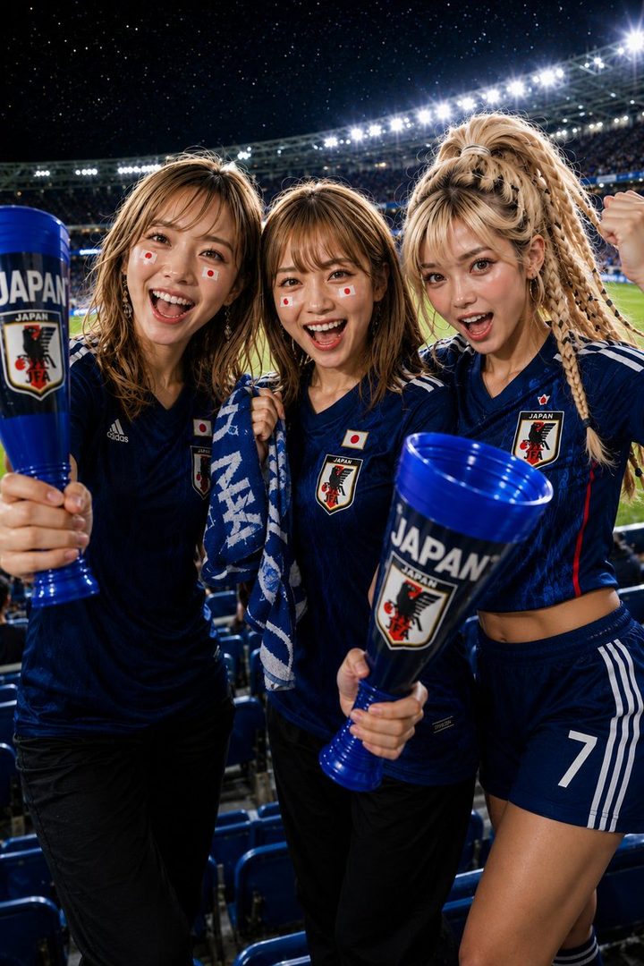 Three young women in Japan soccer jerseys cheer enthusiastically at a night stadium, holding blue megaphones.
