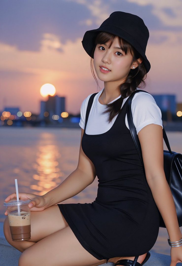 A young woman in a black bucket hat and dress sits by the water at sunset, holding a drink.