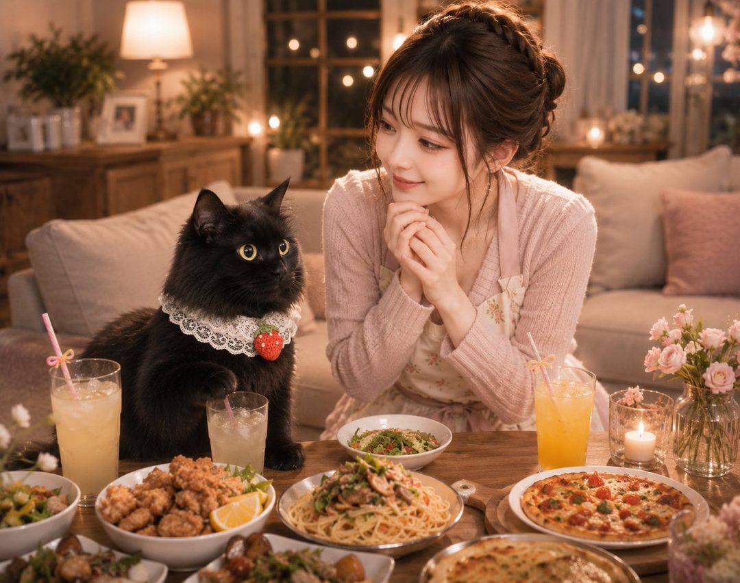 A cute Japanese woman with braided brown hair and a pink cardigan sits at a table with a black cat, surrounded by various dishes and drinks in a cozy indoor setting.