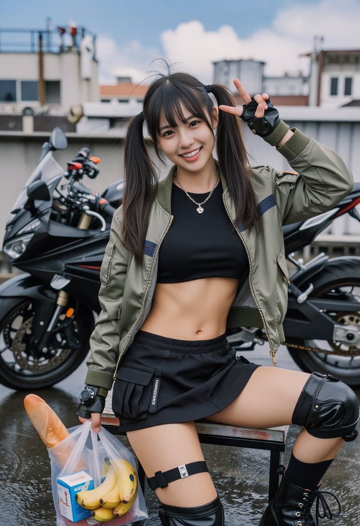 A young woman with black twintails and a bomber jacket poses with a peace sign next to a motorcycle, holding a bag of groceries.