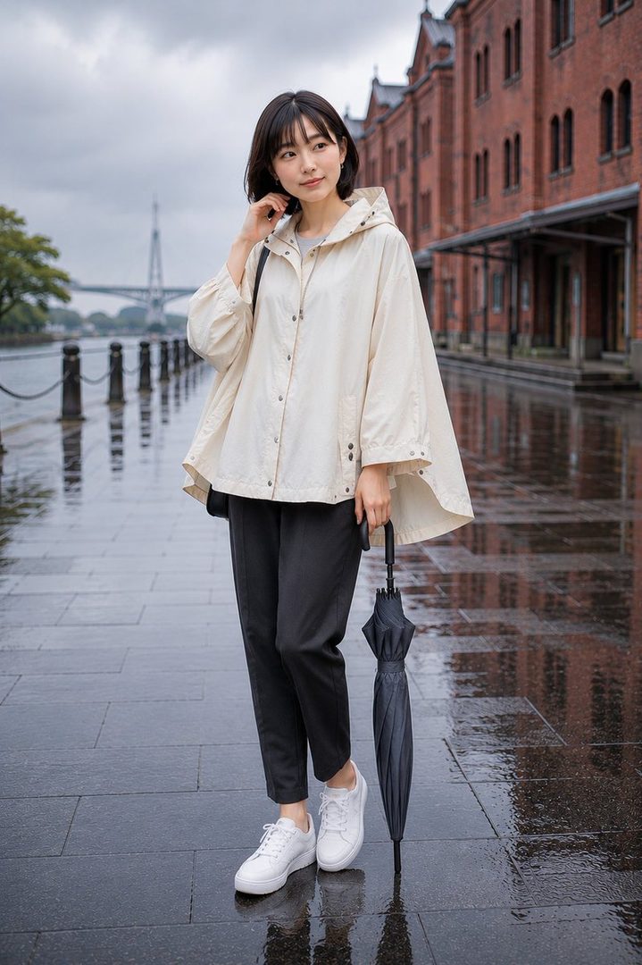A young woman in a light-colored poncho and black pants stands on a wet street with an umbrella, with a red brick building and bridge in the background.