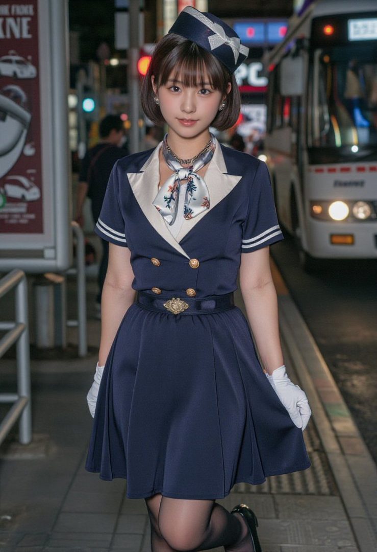 A young woman in a navy blue bus guide uniform with a matching hat and white gloves stands on a city street at night.