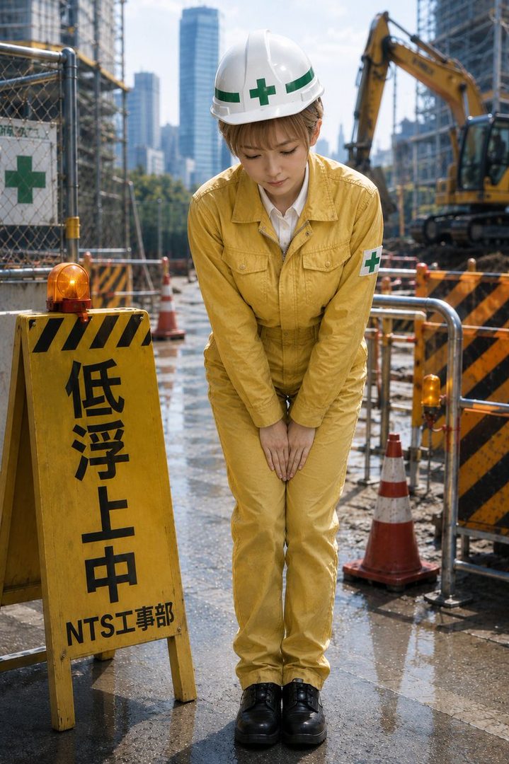 A woman in a yellow construction jumpsuit and white hard hat bows respectfully on a construction site.