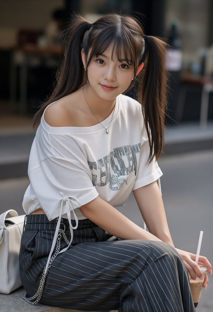 A young woman with brown twintails and bangs, wearing a white off-shoulder top and striped pants, sits outdoors on a street while holding a drink.