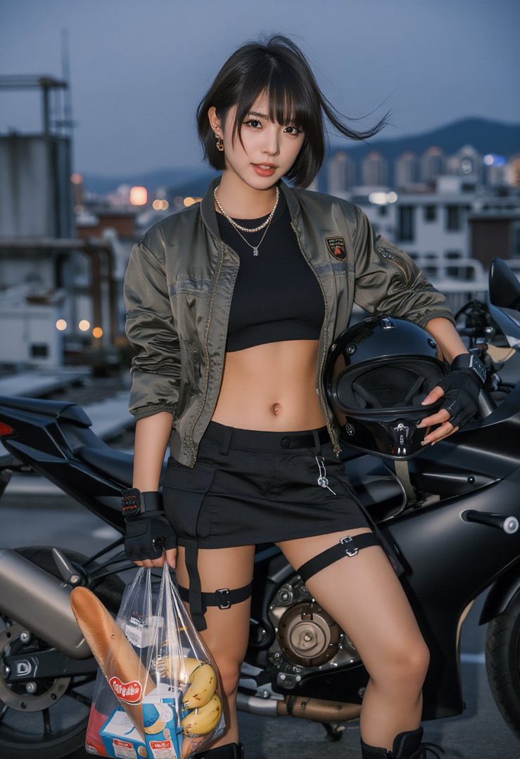 A young woman with short black hair and bangs, wearing a black crop top, olive bomber jacket, and black mini skirt with garters, stands next to a motorcycle on a rooftop at dusk, holding a shopping bag with groceries.