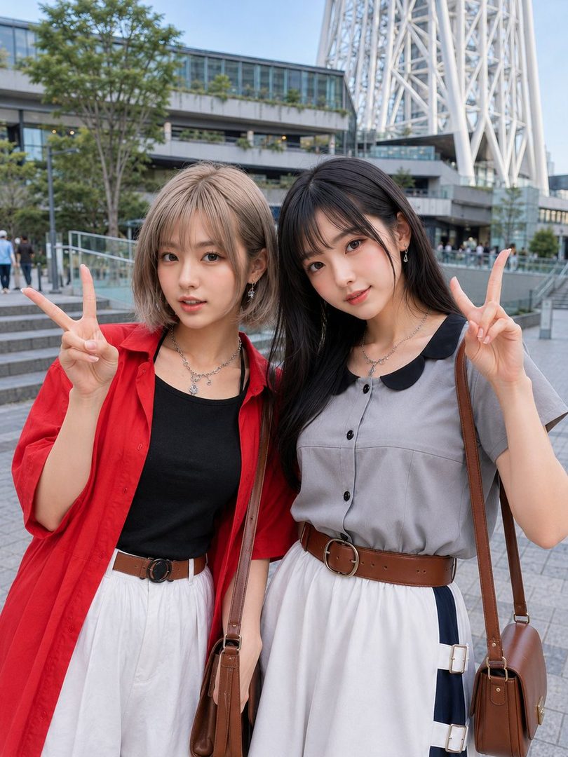 Two young women pose for a photo on a city street, making peace signs with their hands.
