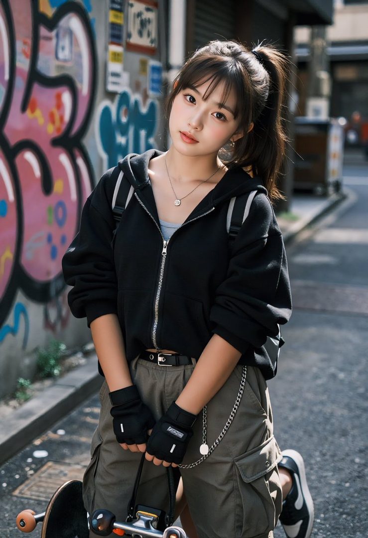 A young woman with a ponytail and bangs, wearing a black hoodie, cargo pants, and fingerless gloves, kneels on a street with graffiti in the background, holding a skateboard.