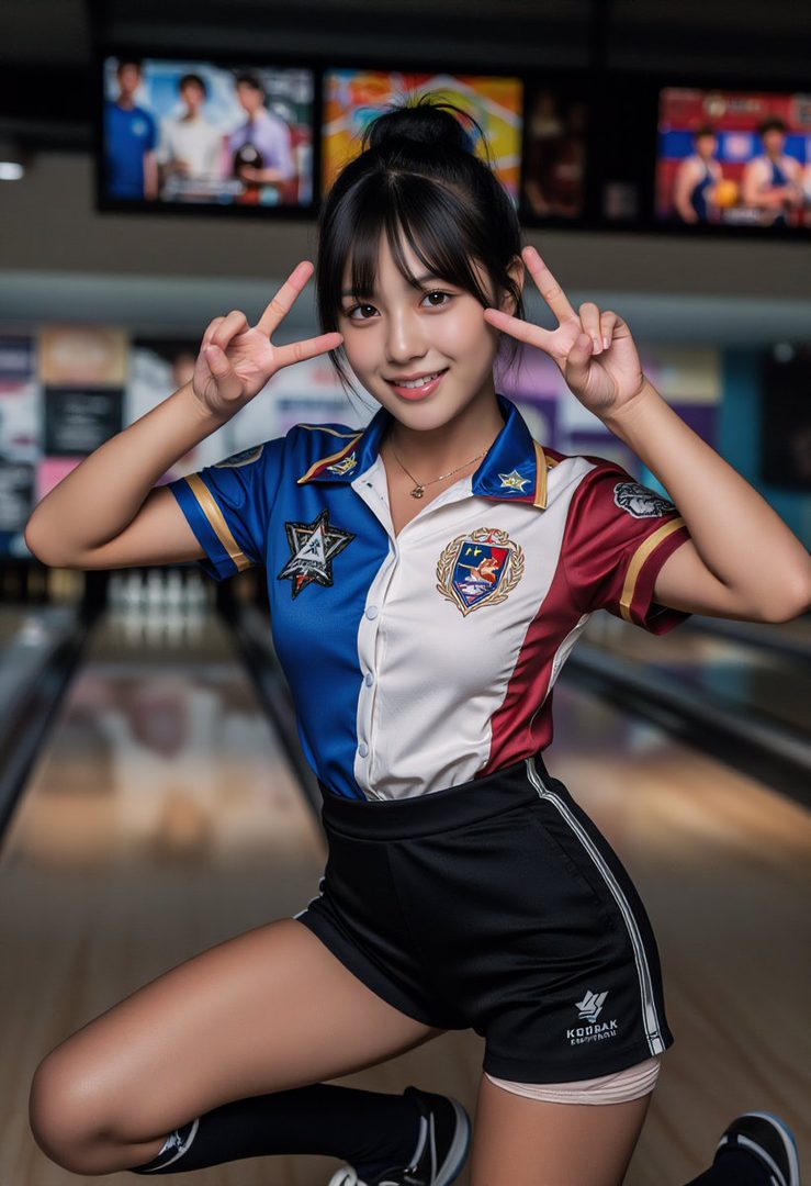 A young woman in a blue, white, and red bowling shirt and black shorts poses with peace signs at a bowling alley.