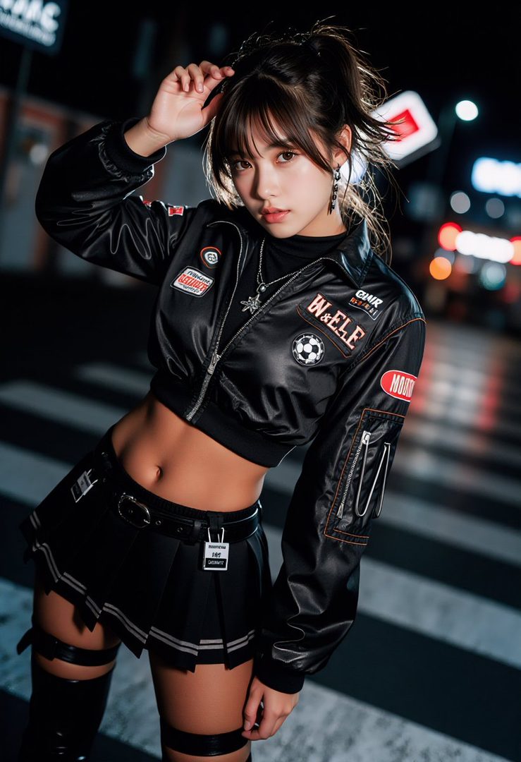 A young woman with brown hair in a ponytail and bangs, wearing a black cropped jacket and a short black pleated skirt, stands on a street at night.
