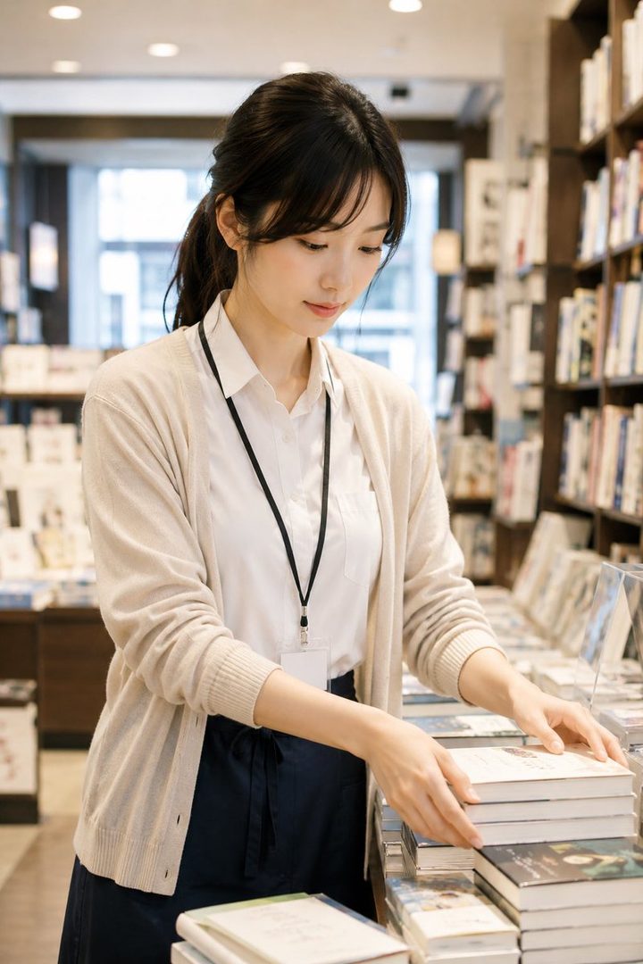 A young woman with black hair tied in a ponytail, wearing a white shirt and a beige cardigan over a dark apron, is diligently arranging books in a brightly lit bookstore.