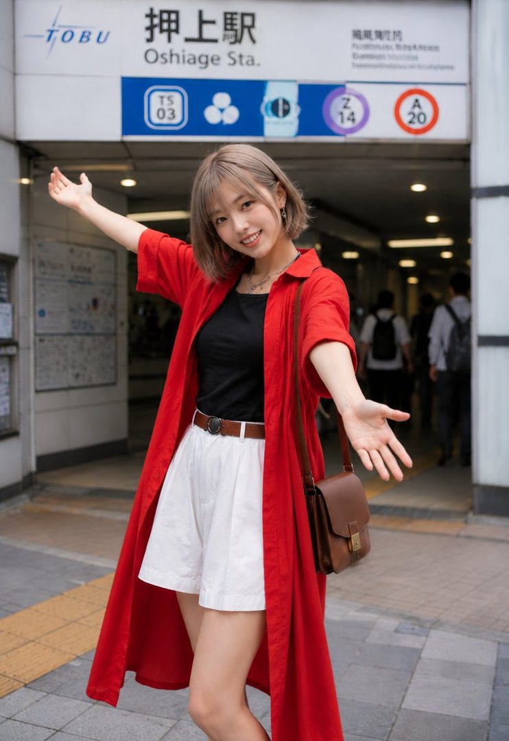 A young woman with short blonde hair and a red long shirt coat over a black top and white shorts poses in front of the Oshiage Station sign.