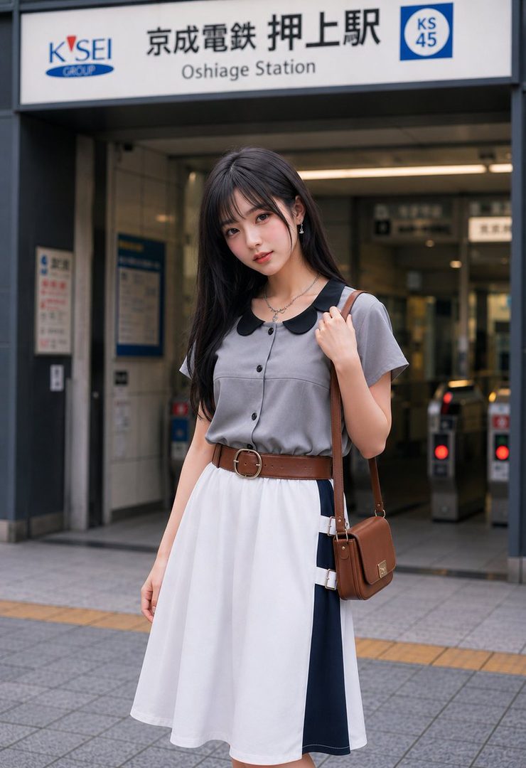 A young woman with long black hair stands in front of Oshiage Station, wearing a grey blouse with a black collar, a white and navy skirt, and a brown belt and shoulder bag.