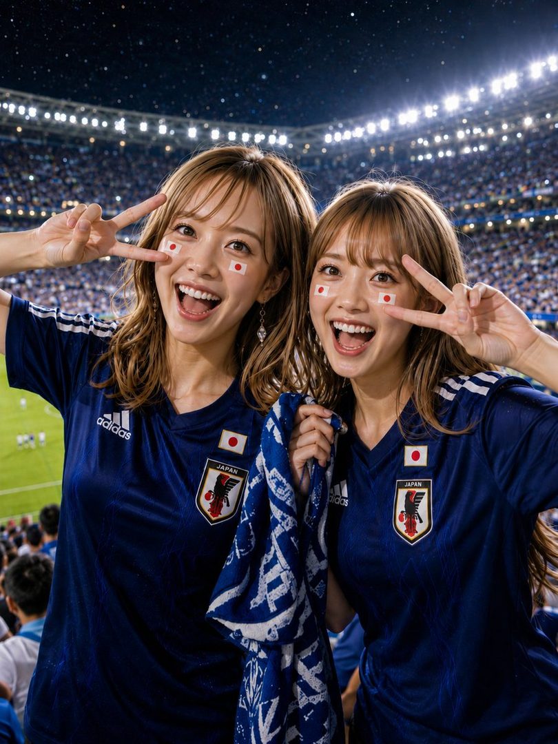 Two young women in Japan national soccer team jerseys pose with peace signs and face paint at a night game in a stadium.