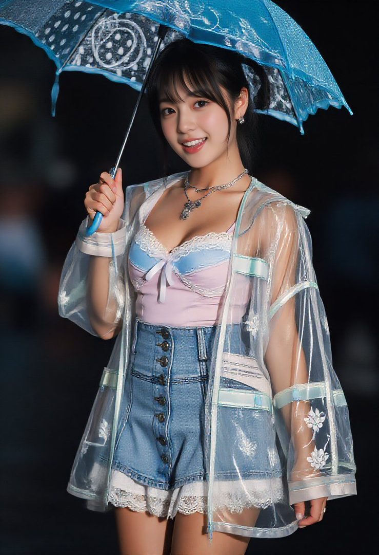 A young woman with black hair and bangs smiles while holding a blue umbrella, wearing a clear raincoat over a pink and blue top and denim shorts.