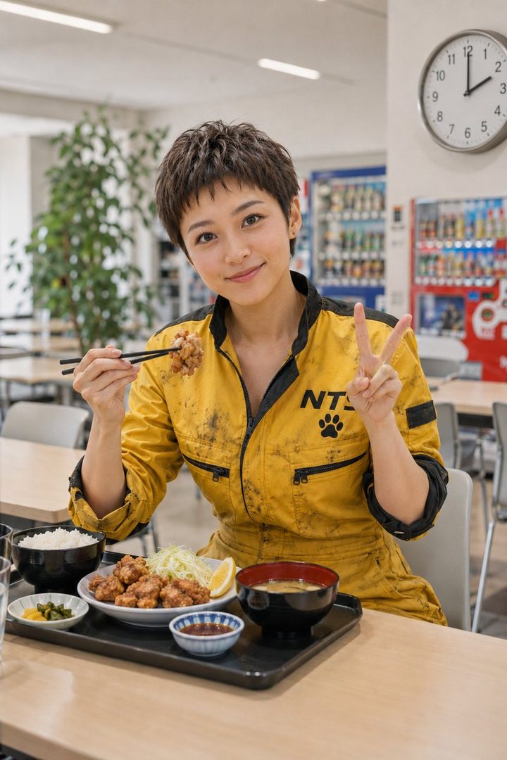 A young woman with short brown hair in a yellow and black jumpsuit eats fried chicken with chopsticks and makes a peace sign in a cafeteria.