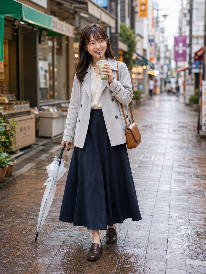 A young woman with long brown hair, wearing a light grey trench coat, white blouse, and navy long skirt, walks down a wet street holding a clear umbrella and a matcha drink.