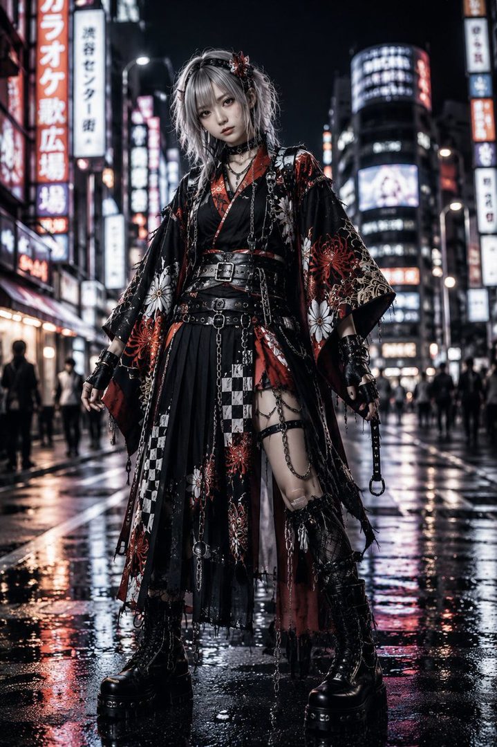 A woman with silver hair wearing a punk-inspired kimono stands on a wet street at night, surrounded by neon city lights.
