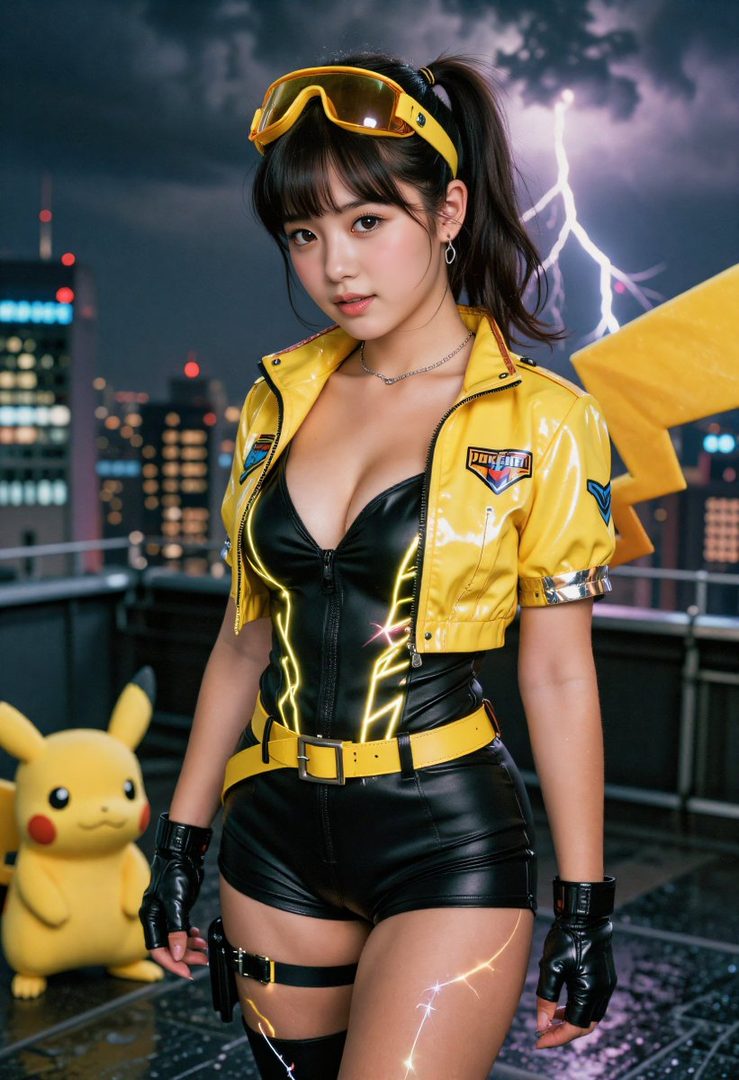 A woman in a yellow and black Pikachu-themed outfit with goggles on her head stands on a rooftop at night, with a Pikachu plushie beside her.