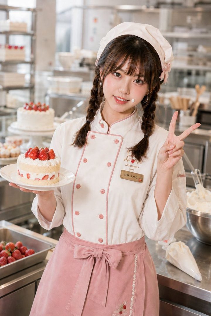 A young woman in a chef's uniform holds a small strawberry cake and makes a peace sign in a professional kitchen.