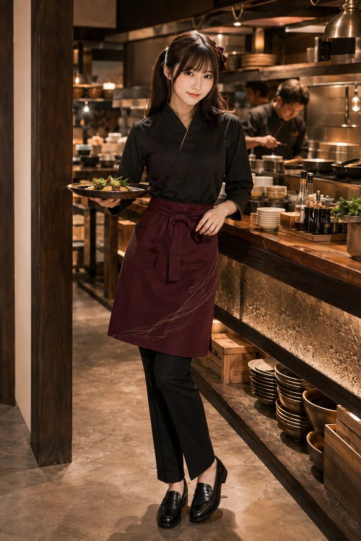 A young woman in a black blouse and a maroon apron stands in a restaurant kitchen, holding a plate of food.