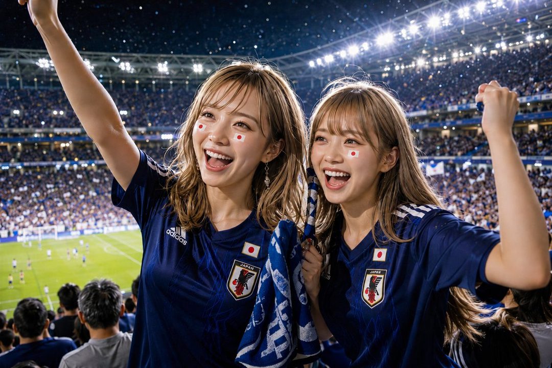 Two young women with Japanese flag face paint cheer enthusiastically at a night soccer game, wearing blue Japan national team jerseys.
