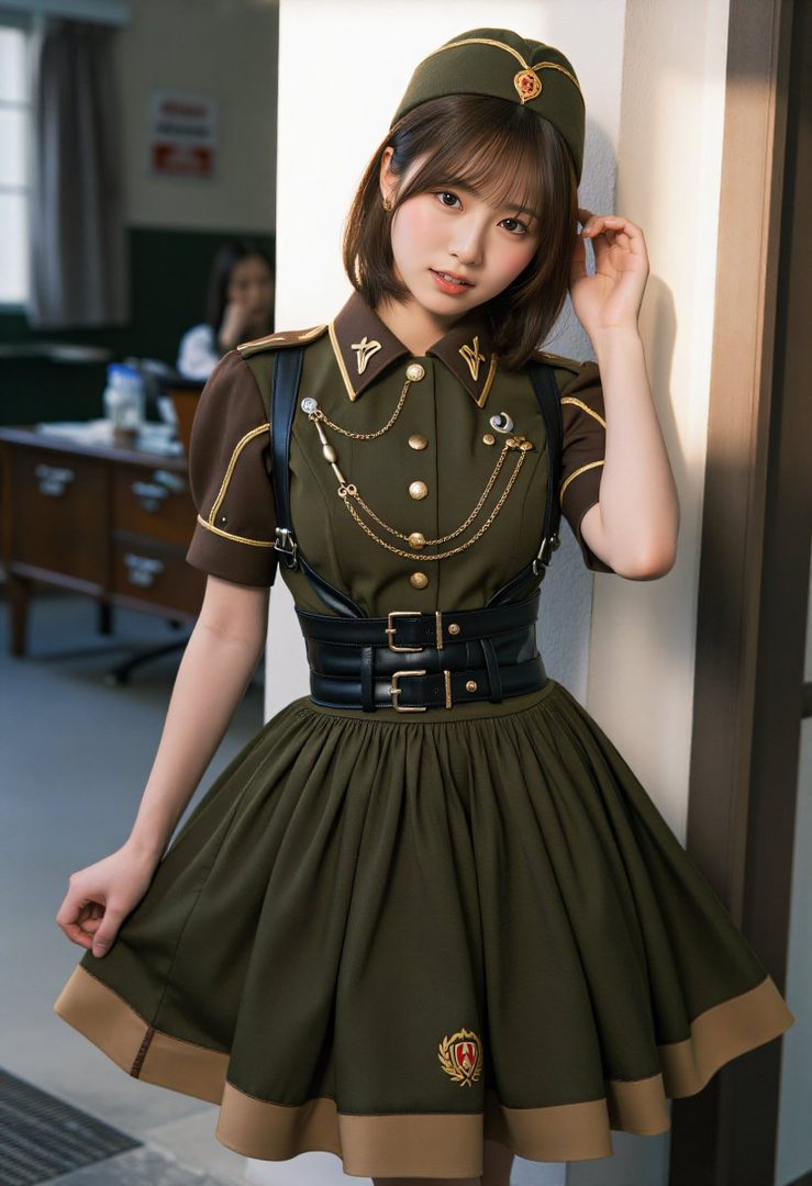 A young woman with short brown hair wears a military-style dress with gold accents and a black harness, posing indoors.