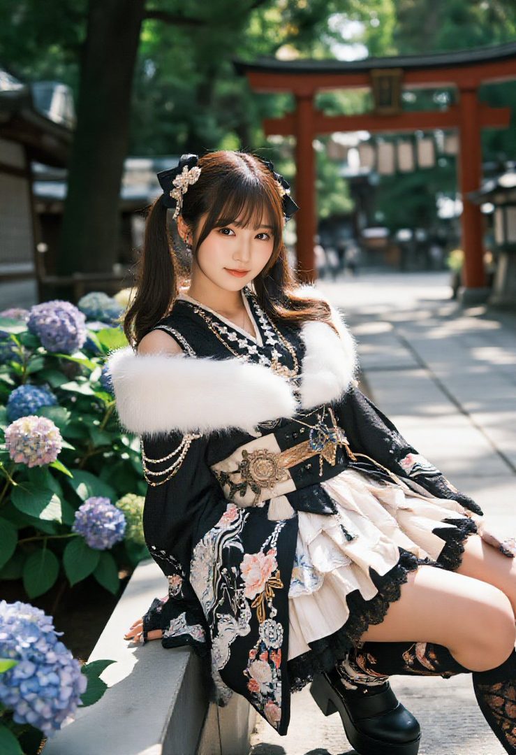 A young woman with brown twintails and bangs, wearing a black and white kimono-style outfit with fur trim, sits outdoors near hydrangeas and a red torii gate.