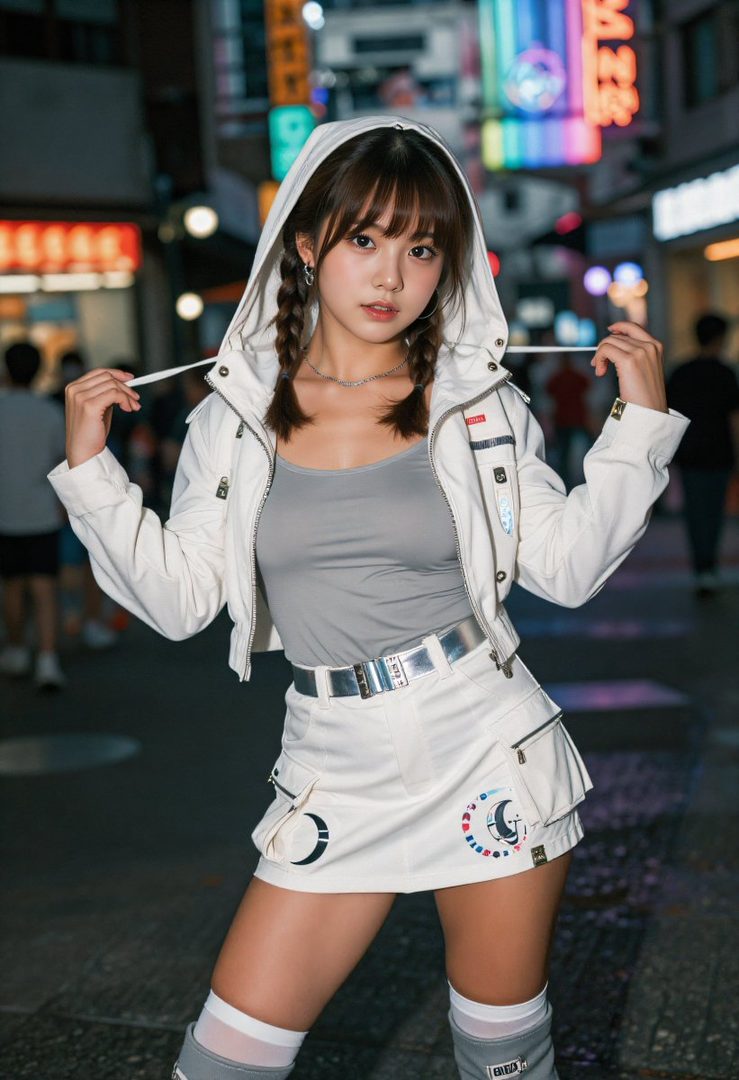 A young woman with braided brown hair and a white hooded jacket and skirt poses on a city street at night.