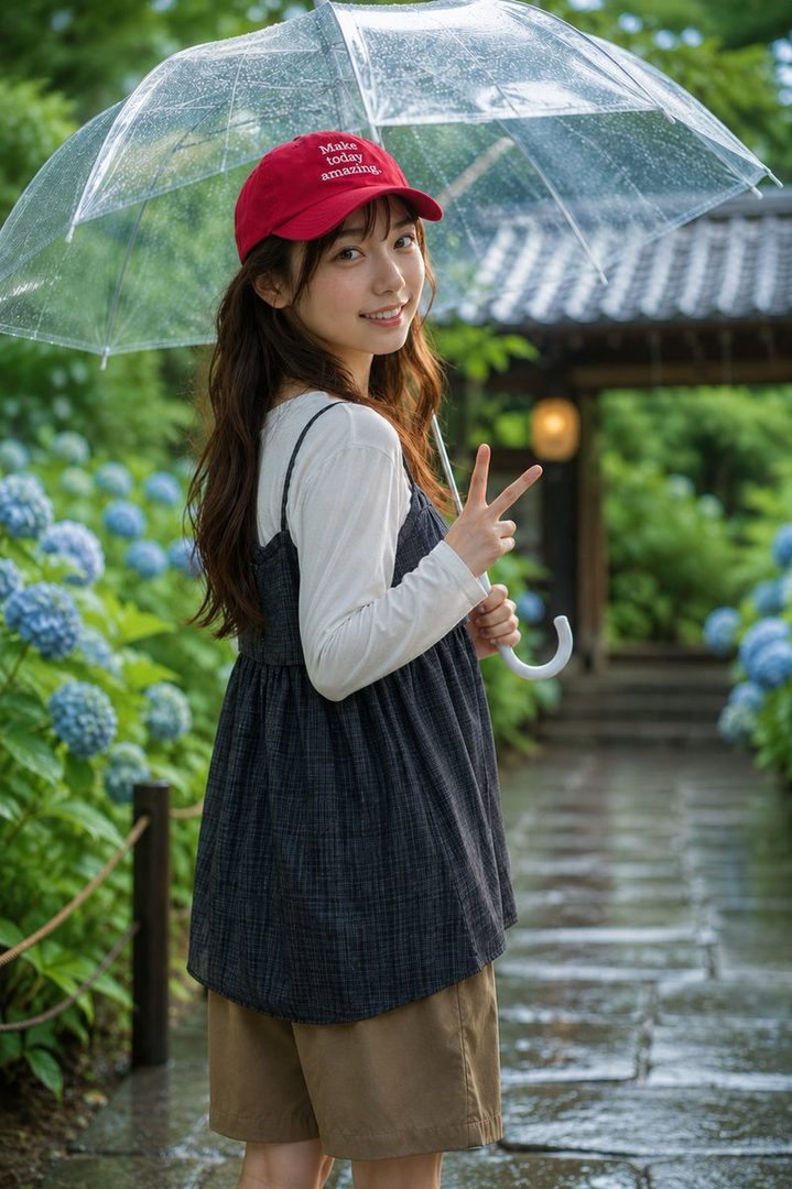 A young woman with long brown hair, wearing a red cap and casual clothes, holds a clear umbrella and makes a peace sign on a rainy day in a garden with hydrangeas.