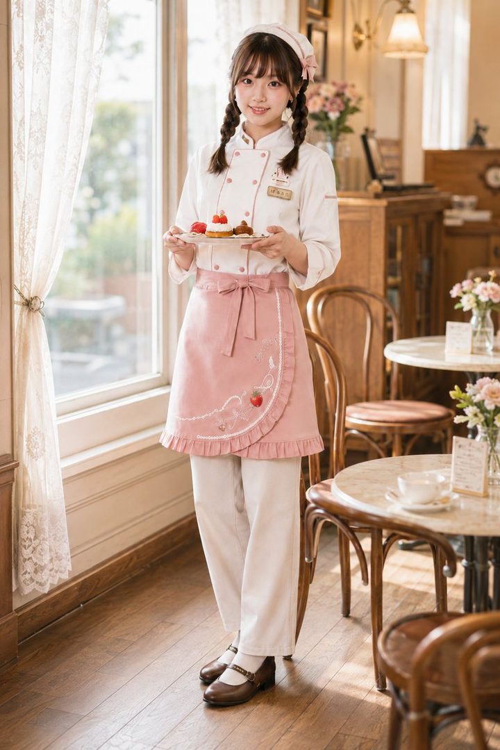 A young woman in a white chef's coat and pink apron with strawberry embroidery holds a tray of desserts in a cafe setting.
