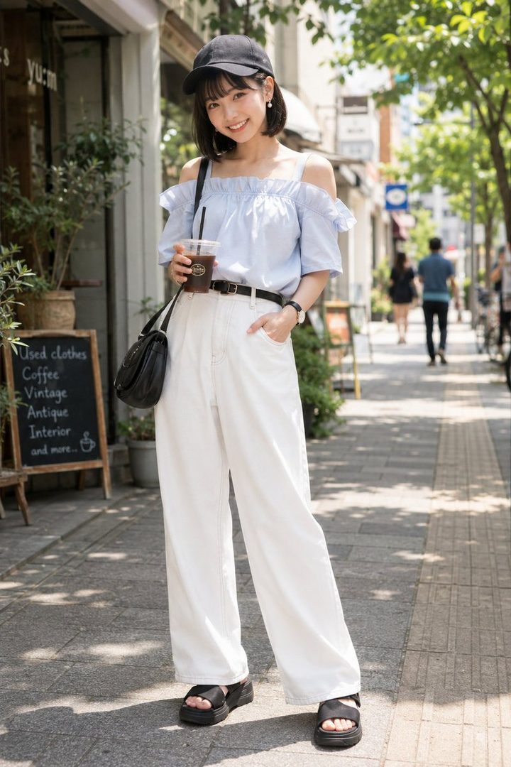 A young woman in a light blue off-shoulder top, white wide-leg pants, and a black cap smiles while holding an iced coffee on a sunny street.