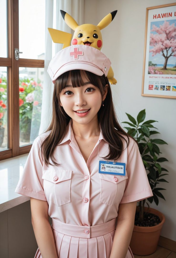 A young woman with long brown hair and bangs, wearing a pink nurse uniform and a Pikachu hat, smiles at the camera indoors.