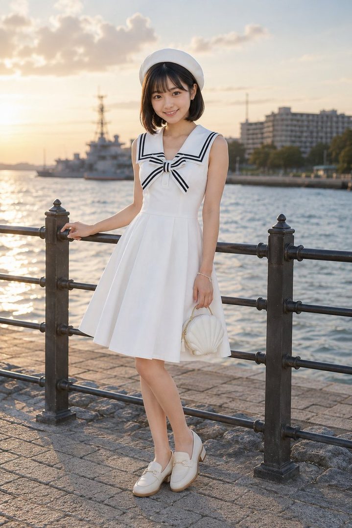 A young woman in a white sailor-style dress and beret stands by a railing near the water at sunset, with a ship in the background.