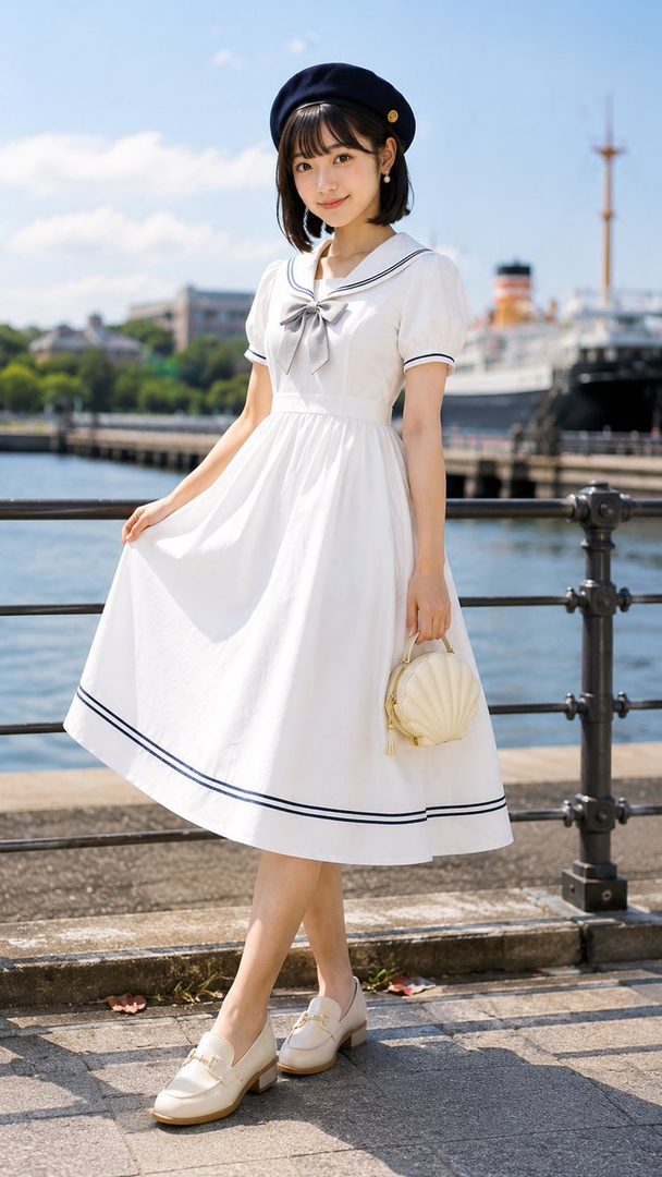 A young woman in a white sailor-collar dress and navy beret stands by a waterfront, holding a shell-shaped purse.