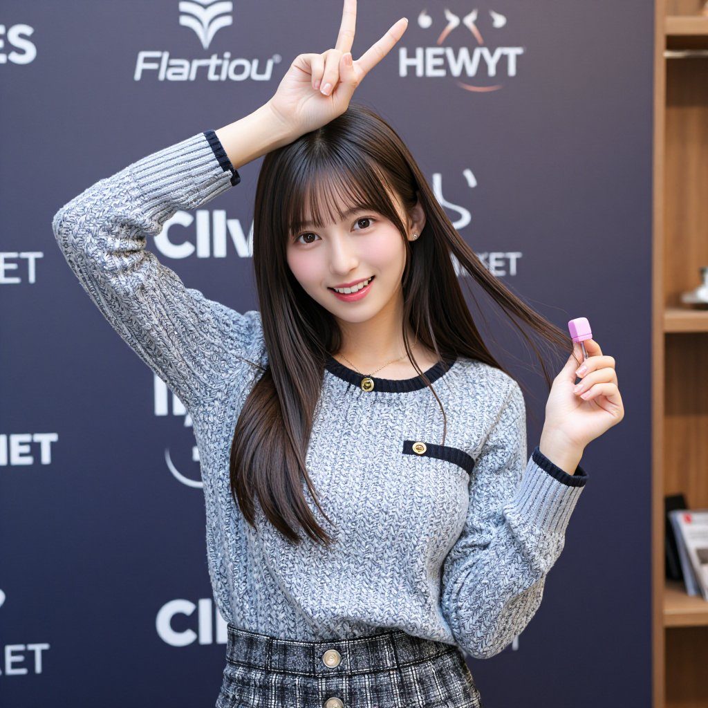 A young woman with long brown hair and bangs, wearing a grey knit sweater and a plaid skirt, smiles and makes a peace sign with her hand.