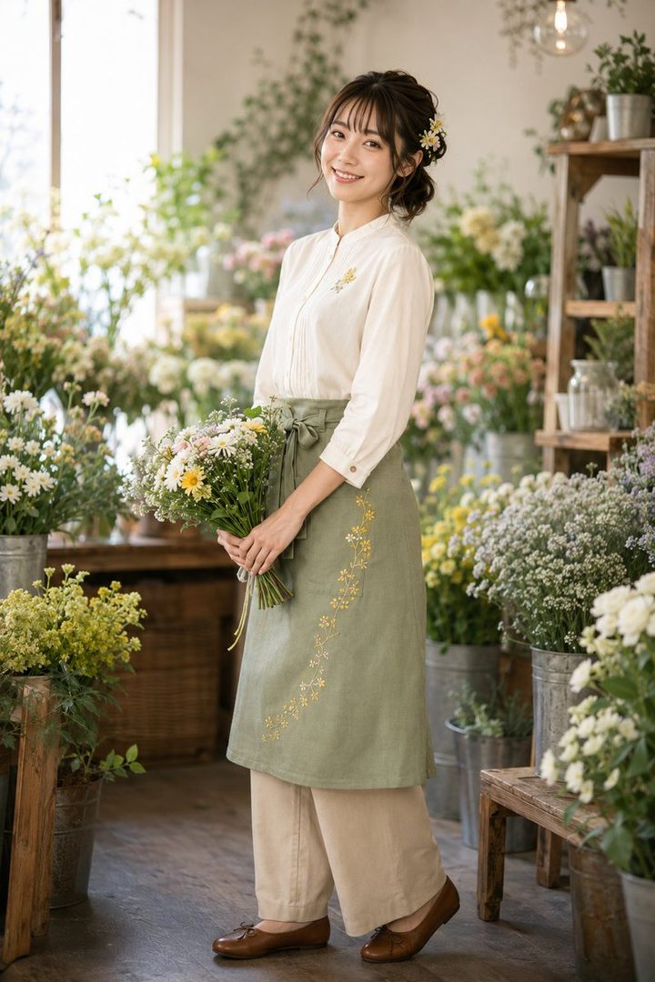 A smiling woman in a white blouse and green apron holds a bouquet of flowers in a flower shop.