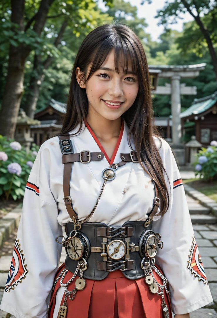 A young woman with long black hair smiles while wearing a white and red kimono with steampunk-inspired accessories in a Japanese shrine garden.