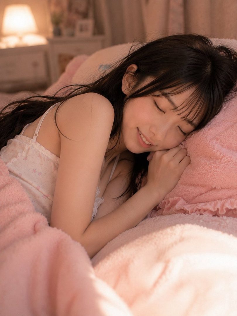 A young woman with long black hair and bangs is sleeping peacefully on a pink bed, smiling softly.
