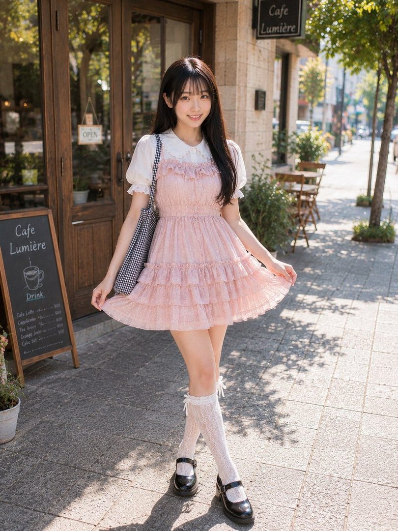 A young woman in a pink ruffled dress and white socks stands smiling in front of a cafe on a sunny day.
