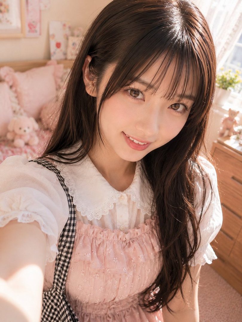 A young woman with long brown hair and bangs takes a selfie indoors, wearing a white blouse with a lace collar and a pink dress.