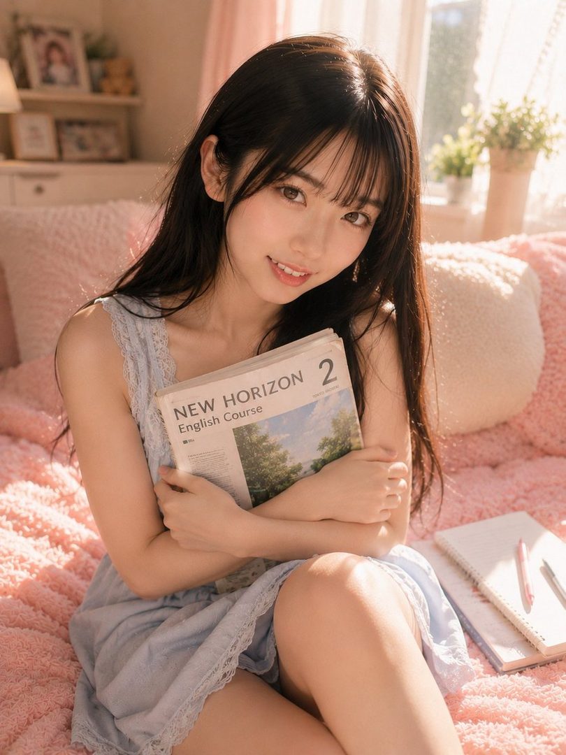 A young woman with long dark hair and bangs, wearing a light blue dress, sits on a pink fluffy blanket while holding an English textbook.