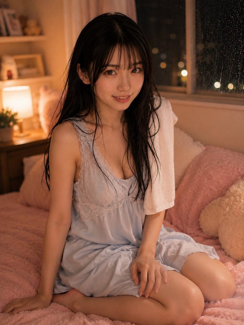 A young woman with long black hair and bangs, wearing a light blue nightgown, sits on a pink bed in a dimly lit room with a window showing city lights at night.