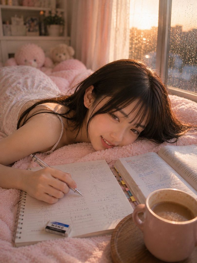 A young woman with long dark hair and bangs is lying on a pink blanket, studying with a notebook and a cup of coffee, bathed in golden hour light from a window.