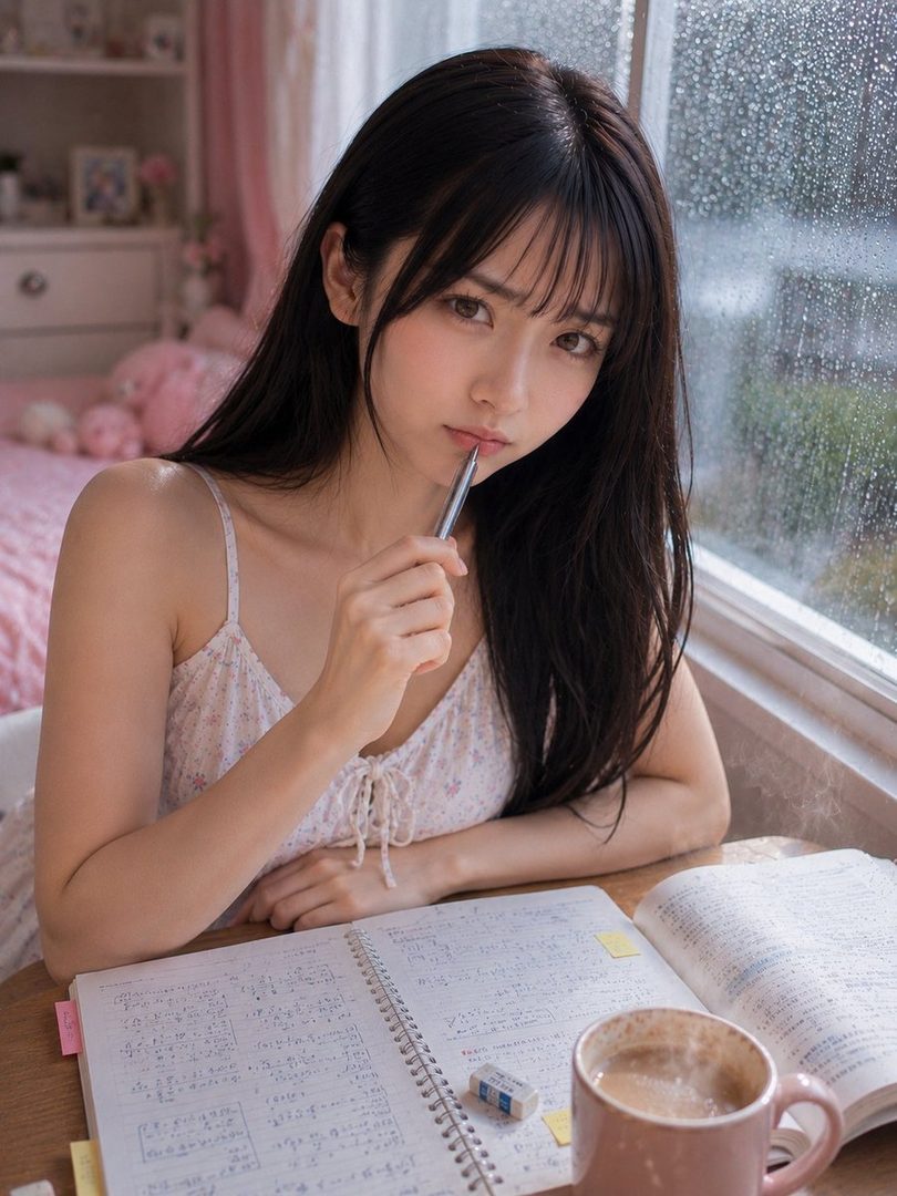A young woman with long black hair and bangs is studying indoors, holding a pen to her lips, with a notebook and a cup of coffee on the desk.